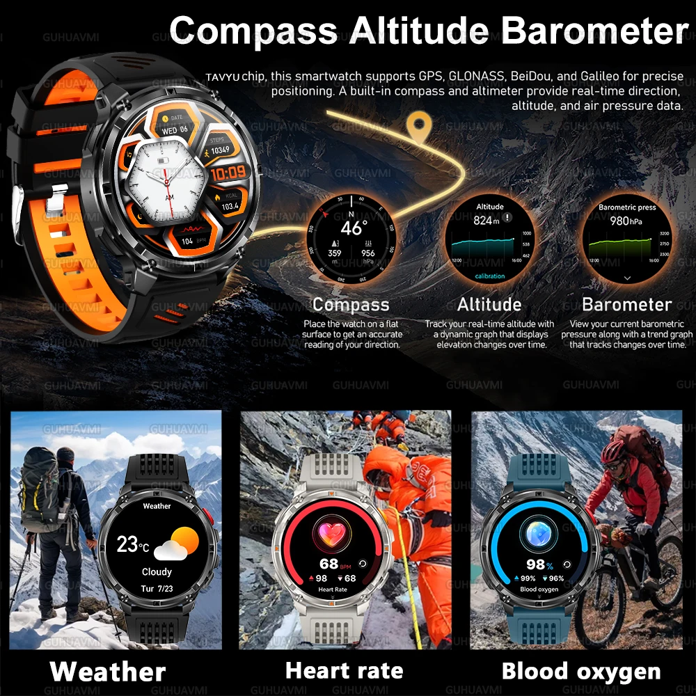 New 1100mAh Battery Ultra Durable Men Smart Watch Flashlight Heart Rate 1.7' AMOLED HD Call 10ATM Waterproof Sports Smart Watch