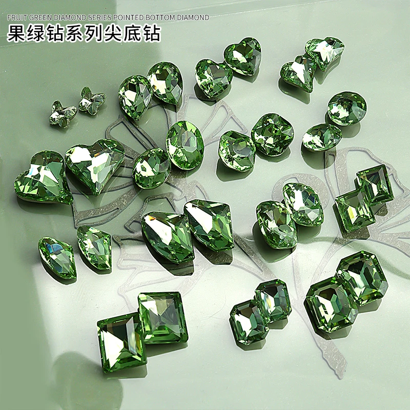 New 20pcsIce Luxury Transparent Sparkling Matcha Jasmine Green Sharp Bottom Crystal Rhinestone Nail Art Charm Decoration Gem