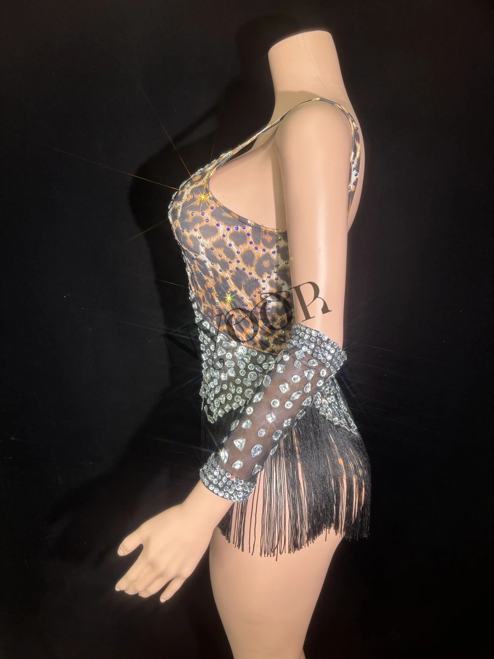Sparkly Rhinestones Tassels Bodysuit Gloves for Women Sexy Hollow Out Performance Dance Costume Dancer Show Stage Wear