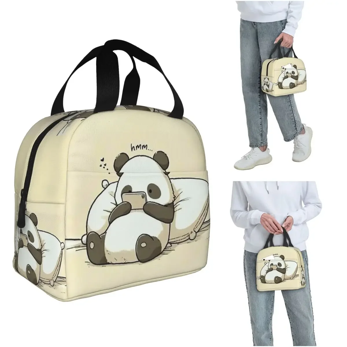 Cartoon Panda Playing With Mobile Phone Insulated Lunch Bag for Women Kids Portable Food Boxes Thermal Lunch Box Tote