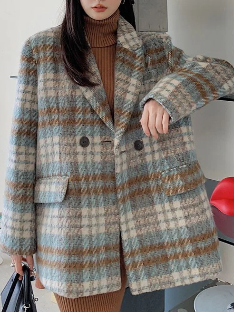 Popular Plaid Woolen Coat New Short Tops Hepburn Style Retro Thick Woolen Coat Autumn 2024 Autumn Winter Korean Chic Jackets