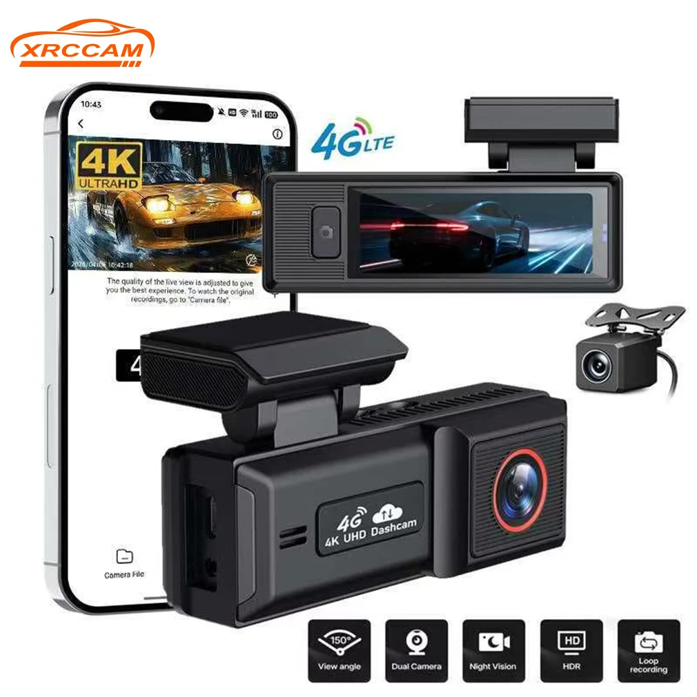 4K+1K Dual Lens Dash Cam 4G Remote Monitoring WiFi Car DVR GPS Tracking G-Sensor Loop Recording 24H Parking Monitor Cloud Storag