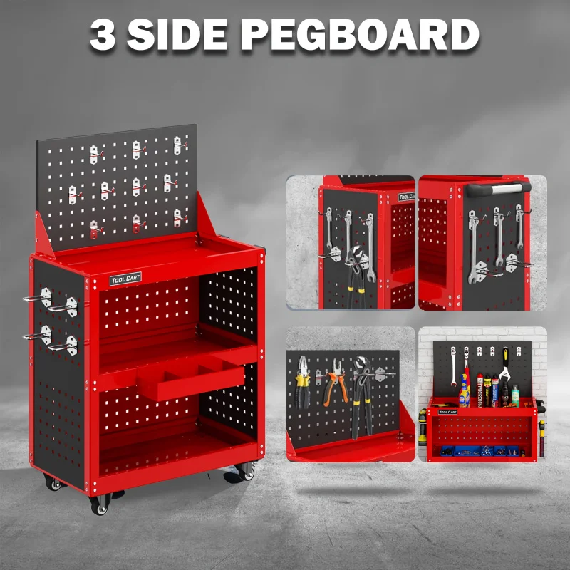 3 Tier Tool Cart With Drawer and Pegboard, Rolling Tool Storage Organizer for Garage Warehouse Repair Shop