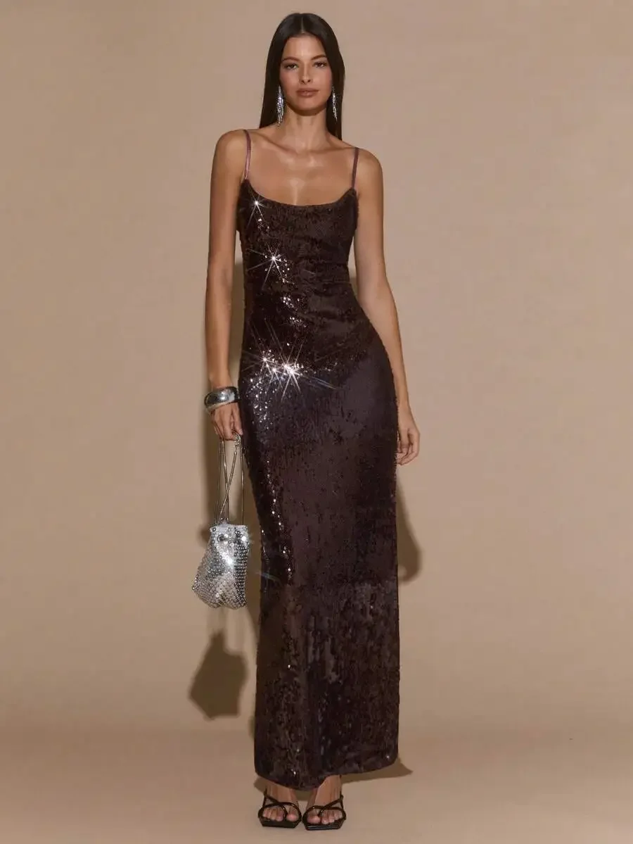 

Coffee Brown Sequined Sleeveless Bodycon Evening Dress For Party Banquet Cocktail