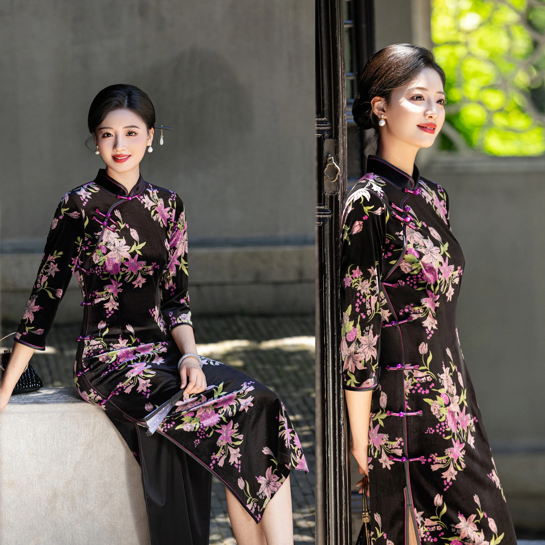 Velour Floral Pring Long Qipao Women Autumn Winter New Cheongsam Dress Chinese Traditional Evening Wedding Banquet Dresses 5XL