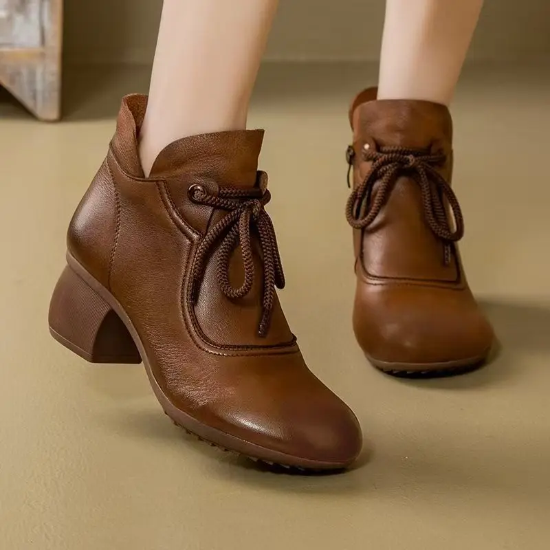 Women's Autumn Winter New Leather Lace Up Ankle Boots Soft Sole Non Slip Round Toe Block Heel Plush Keep Warm Cotton Boots - view 2