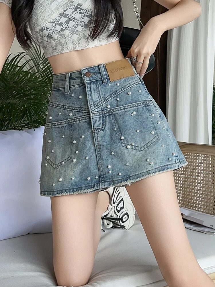 

New High Waist Design Blue Denim Shorts Skirt Women's Summer Thin Style Look Slimming Diamond Pearl Loose Short Pants Skirt