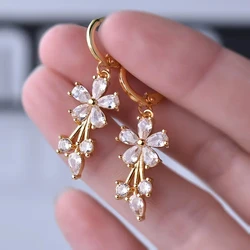 Luxury Gold Color Flower Shape Women Drop Earrings Inlaid Shiny Multicolour Cubic Zirconia Top Quality Fashion Banquet Jewel
