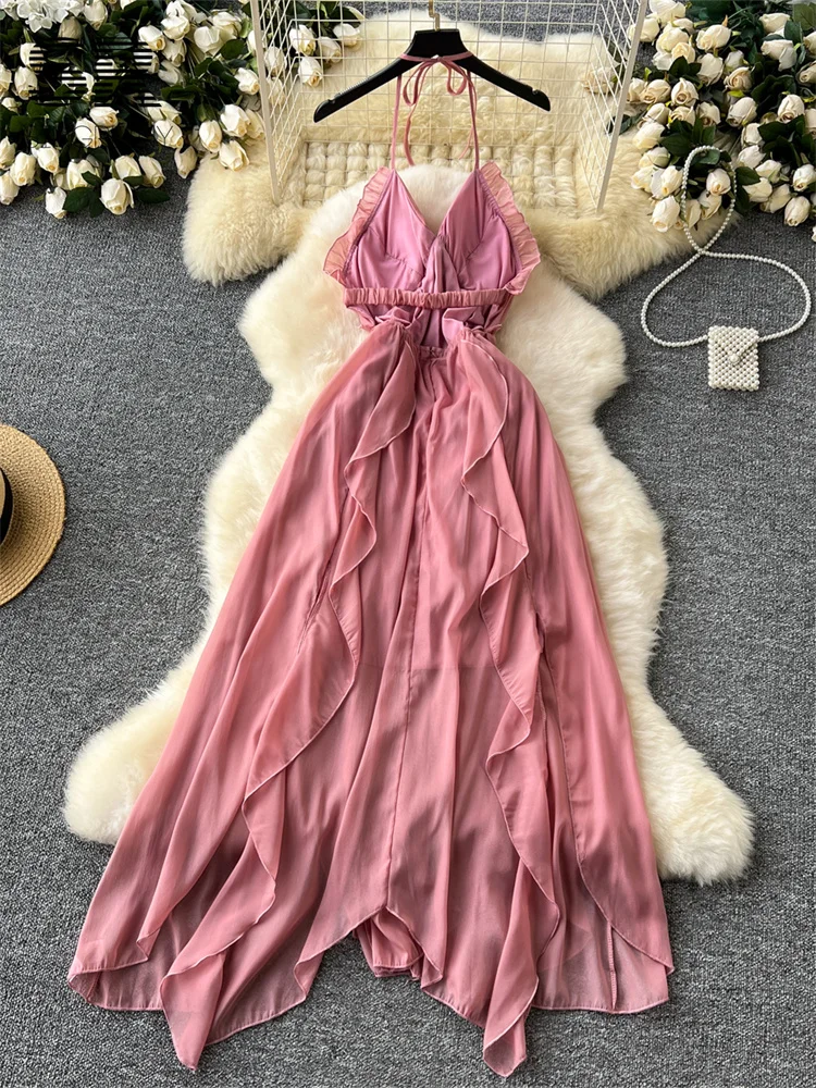 SINGREINY Solid Vacation Long Dress Women Summer Halter V Neck Lace Up Zipper Design Ladies Sexy Backless Ruffles Beach Dress