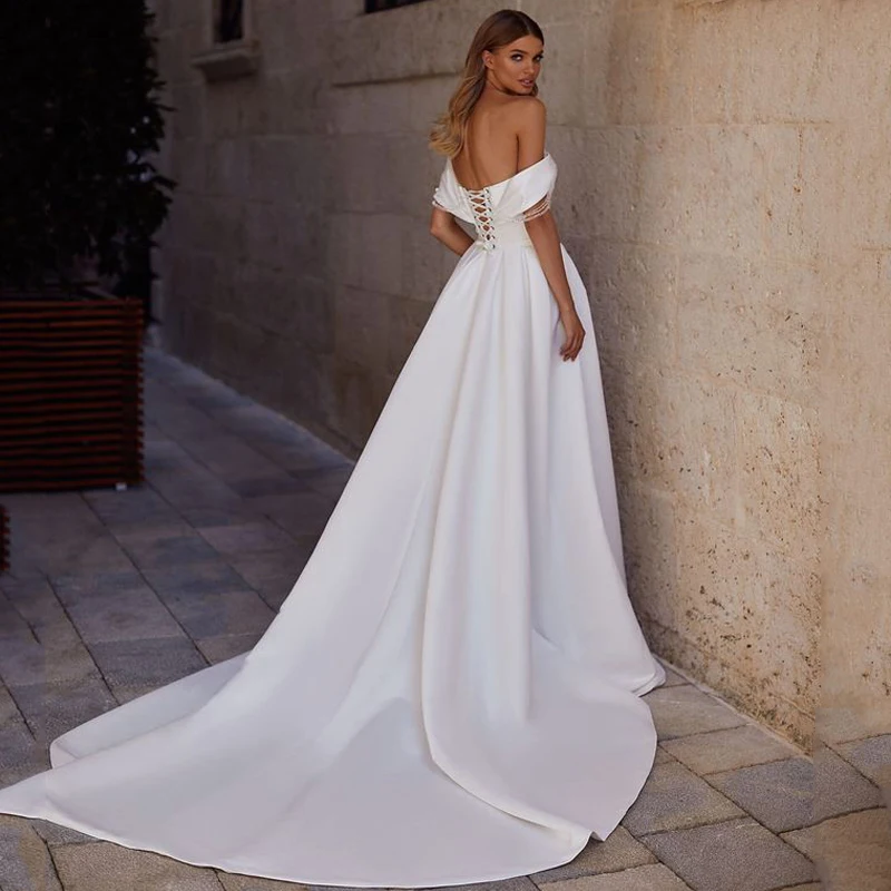 Robe De mariée en Satin à paillettes, épaules dénudées, avec poches, fente haute, lacets au dos