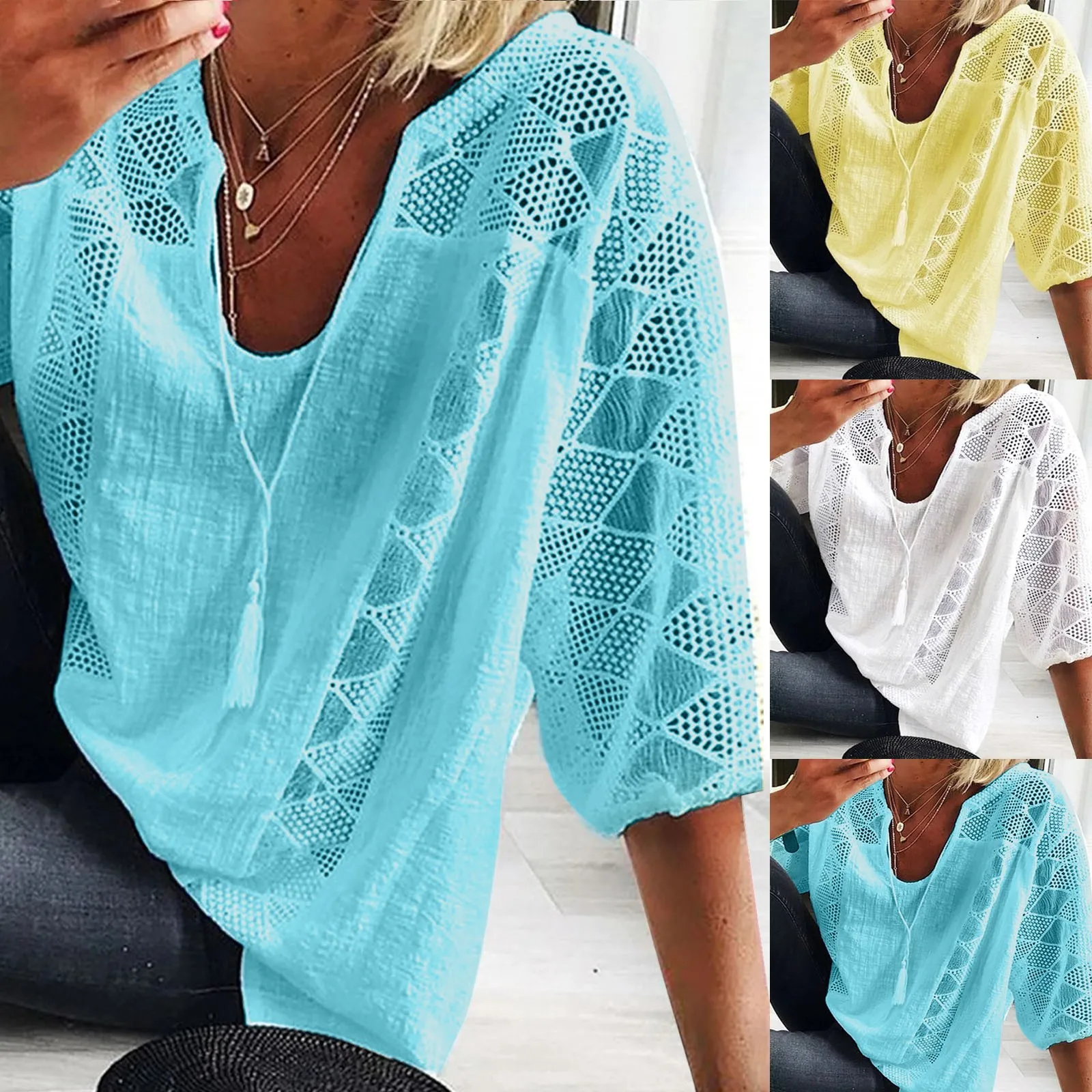 Women‘S Cotton Linen Tunic Tops V Neck 3/4 Sleeve Fashion Casual Loose Lace Plus Size Blouse Ladies Fashion Daily Clothing 2024