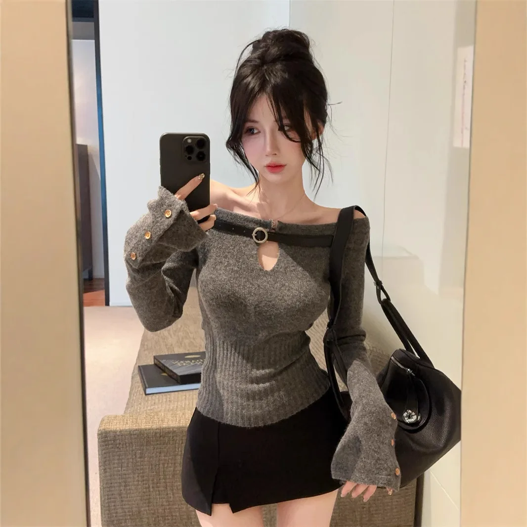 

ay Knitted Sweater oulder Bared ort Sle Women's Faion Korean Loose Fit Inner Wear Cute Girl Top for Autumn Winter
