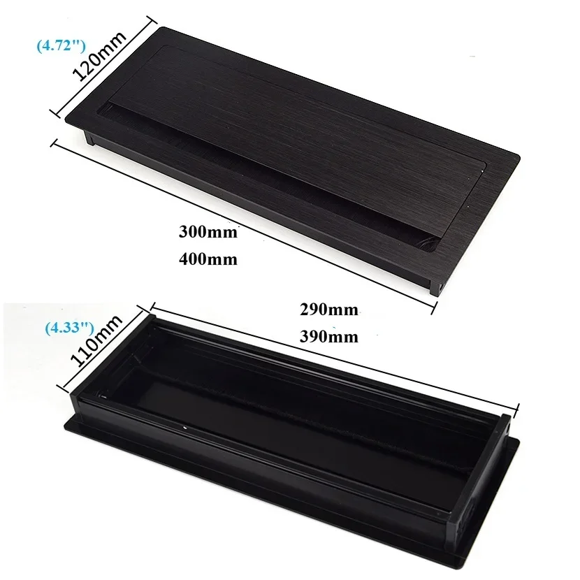 1Pc Brushed Silver Black Rectangular Aluminum Top Cable Grommet Cover Soft Close