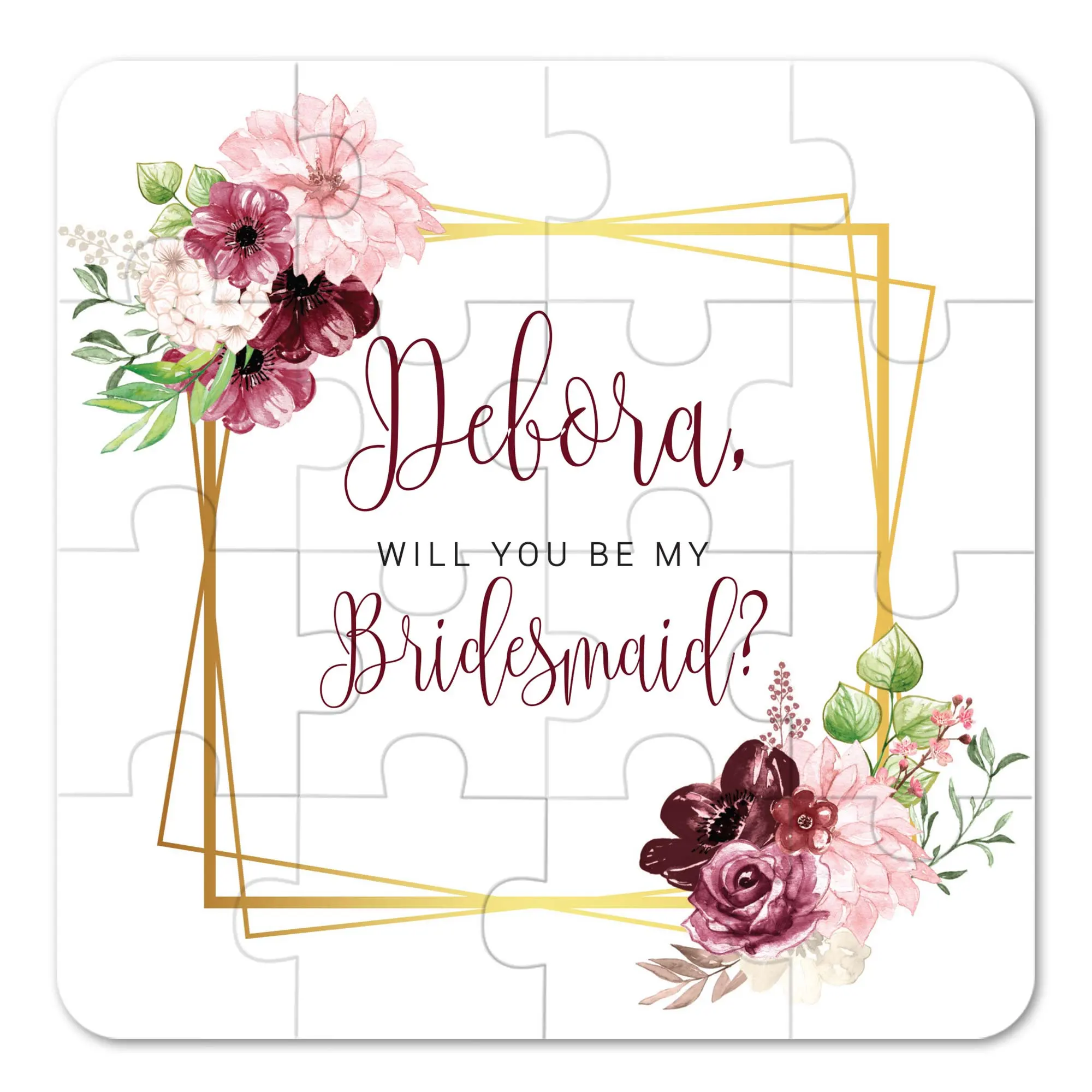 

16x16CM Custom Jigsaws,Will You Be My Bridesmaid Burgundy Floral Puzzle Proposal, Personalized 3x5PCs Invitation Gifts