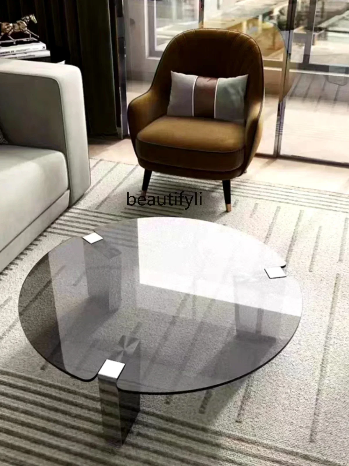 Light Luxury Coffee Table Mirror Stainless Steel Thickened Tempered Glass round Large Table Simple