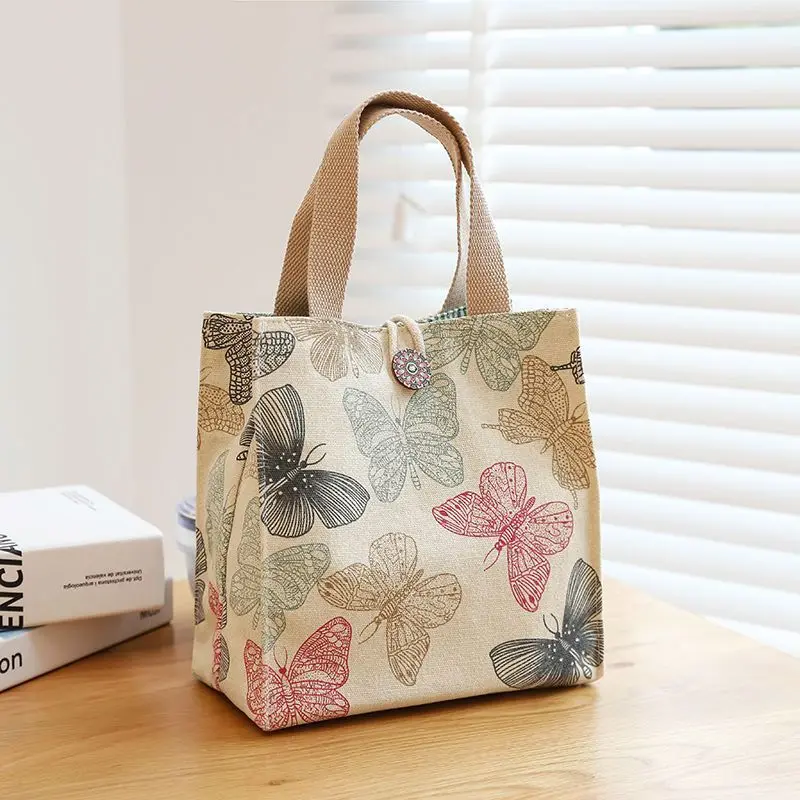 White canvas fashion delicate random butterfly print portable bento bag Fashion handbag tote bag one pack