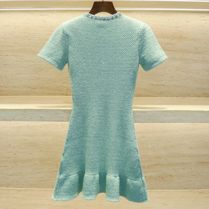 Mint green knitted dress, spring and autumn women\'s clothing, socialite, ruffled edge mini classic dress