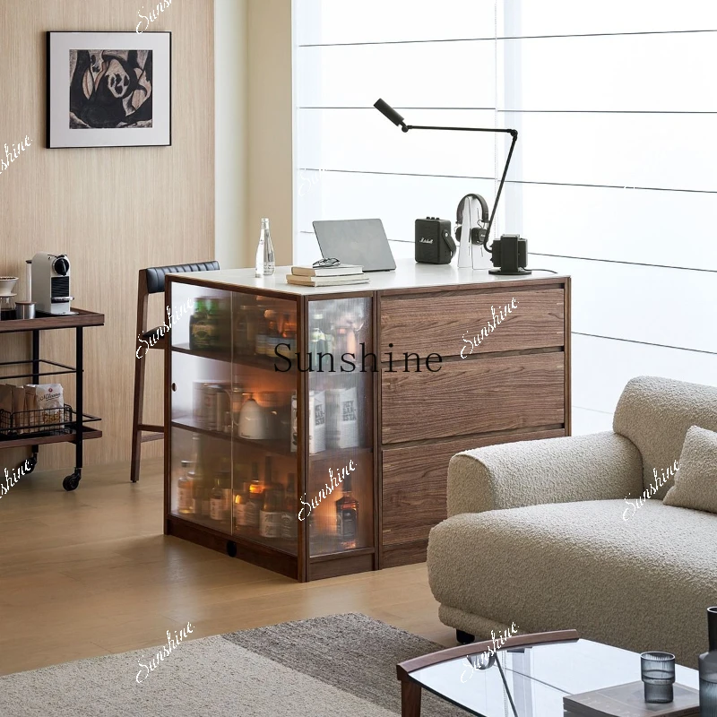 Island dining table integrated solid wood rock slab Italian minimalist black walnut storage side cabinet  FT