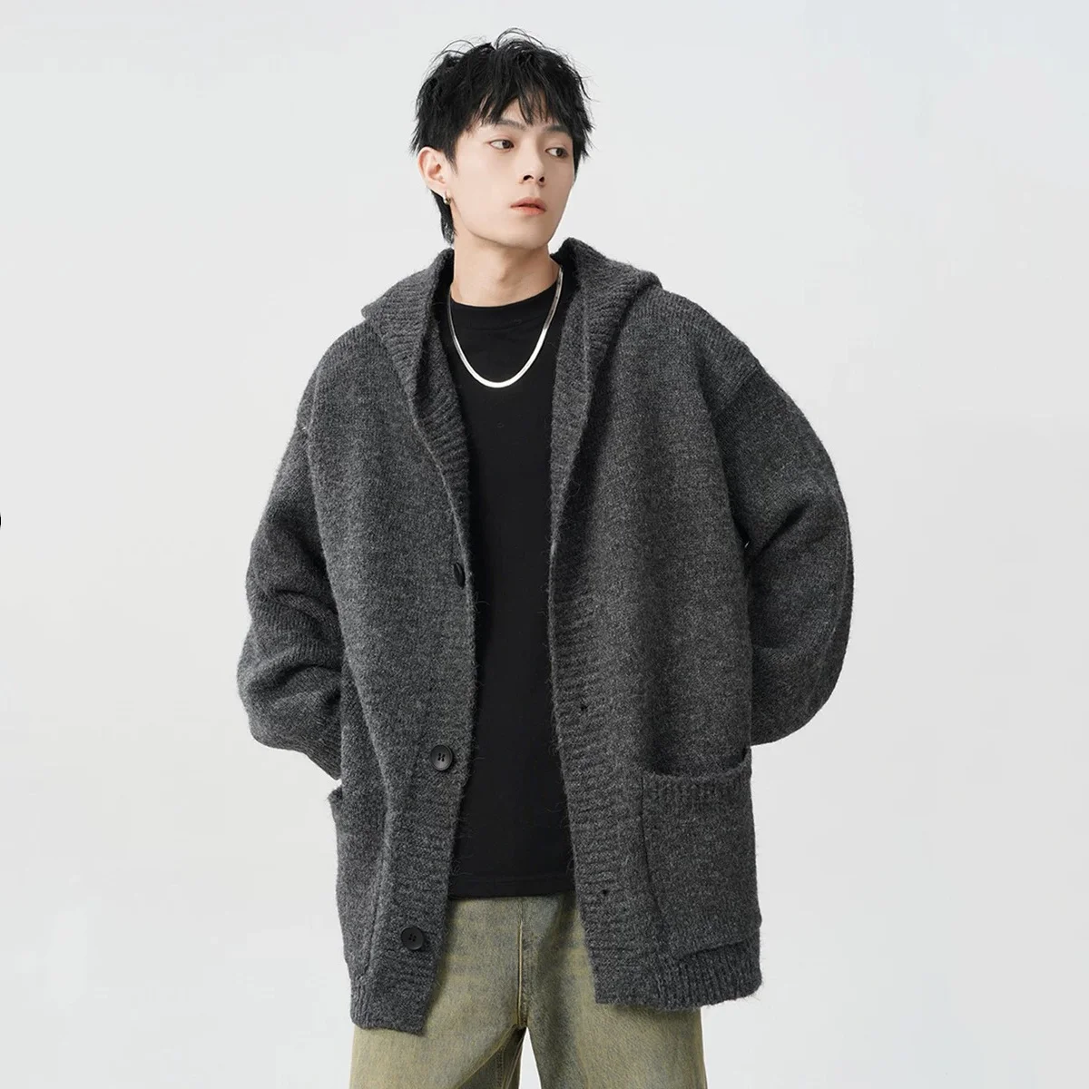 Cleanfit Deep Grey Hooded Knitwear Men's Loose Open Cardigan