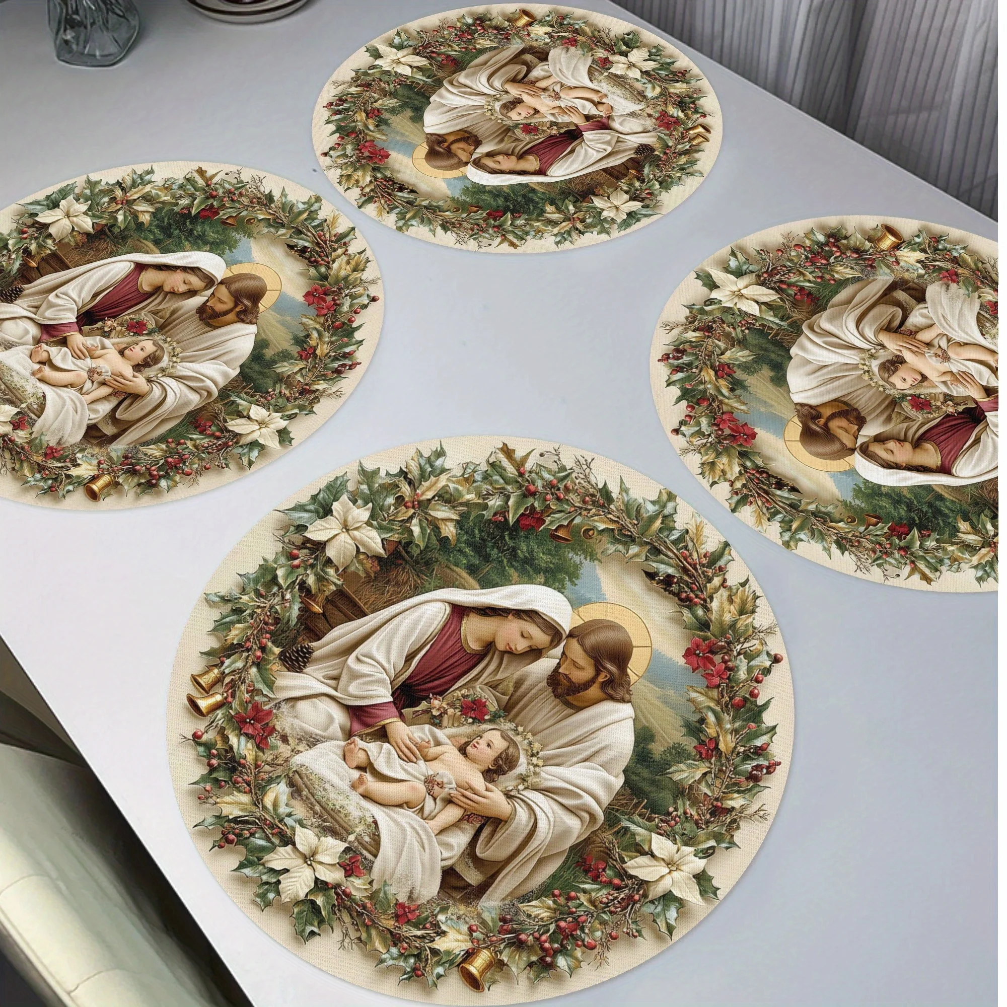 VIKAMA 4PC Holy Family Meal Mat Holly Leaf Berry Bell White Flower Table Church Event Christmas Celebration Decoration