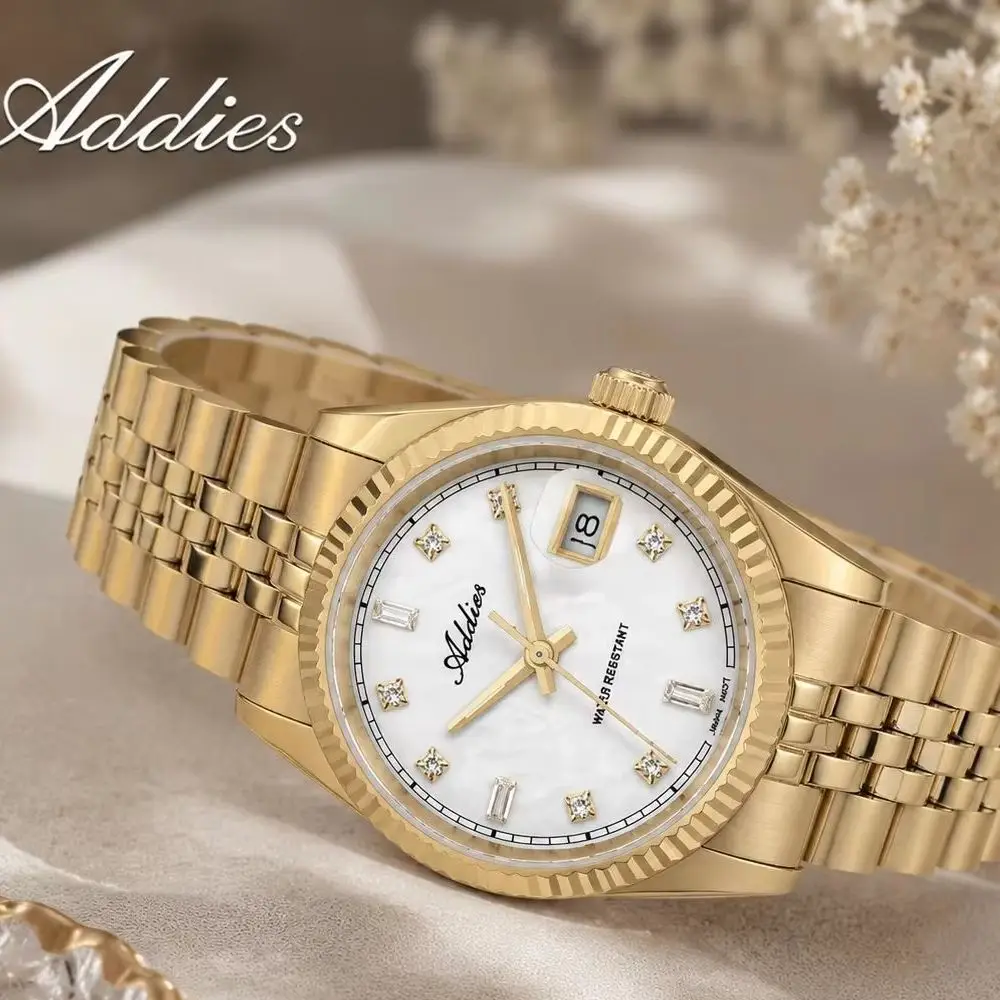 Addies Waterproof Mother of Pearl Dial Date Display Women's Quartz Watch Czech rhinestones Sapphire Glass Fashion Wristwatches