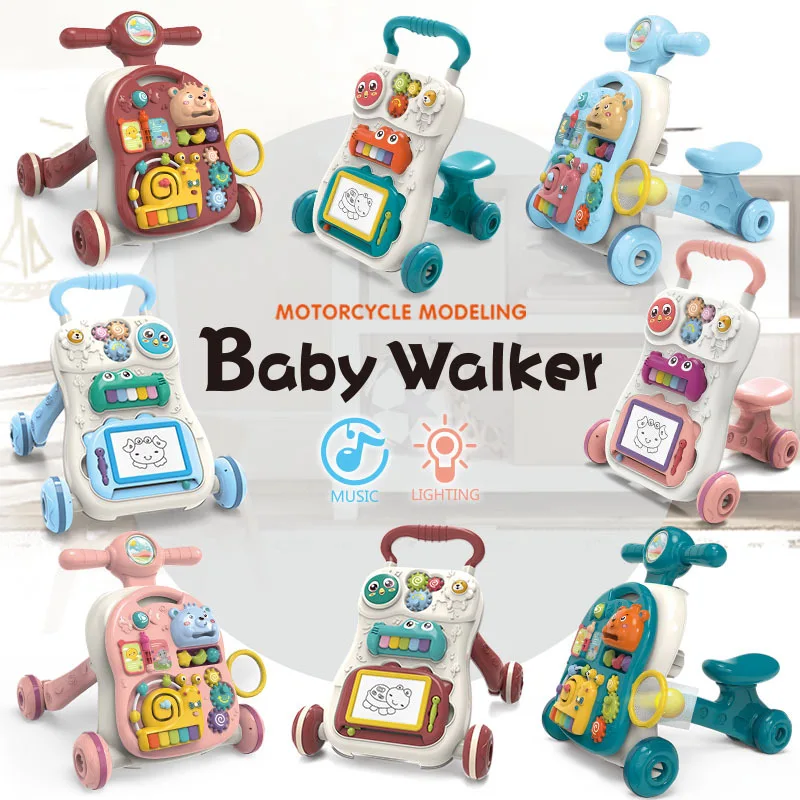 Andador de arrastre con rueda para bebé, elefante Kawaii, Juguete Musical de empuje para caminar para niños pequeños, actividades multifunción, juguete para bebés de 0 a 12 meses