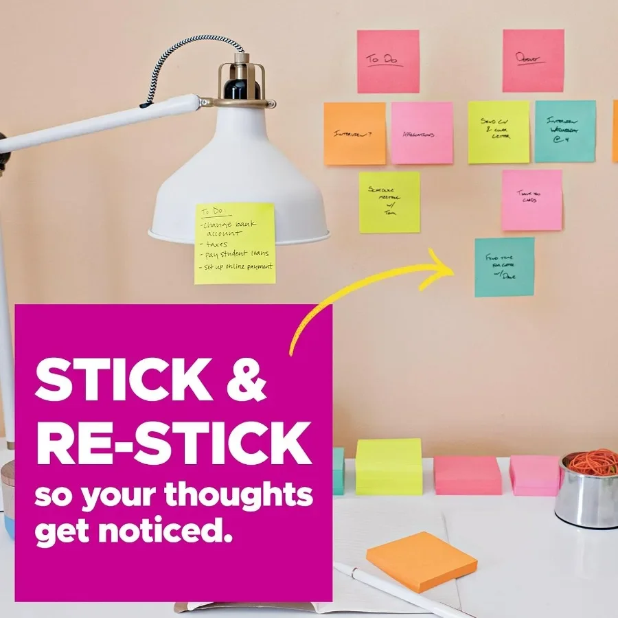 Super Sticky Notes 3x3 in 12 Pad 2X The Sticking Power Supernova Neons Colori vivaci riciclabili per l'ufficio e l'uso domestico Miglioratore