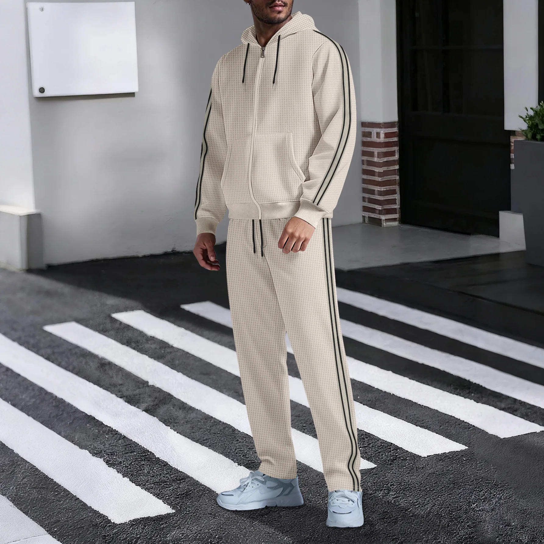 New men's outdoor sports casual hooded cardigan set - autumn fashion trend - pocket lace long-sleeved long pants two-piece set