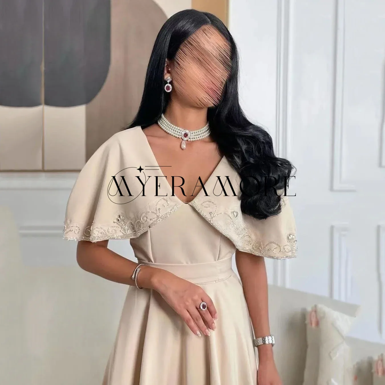 فساتين سهرة أنيقة على شكل حرف v على شكل حرف a مزينة بطيات بطول الكاحل فساتين لحضور الحفلات الموسيقية مخصصة من Fساتين Sheer
