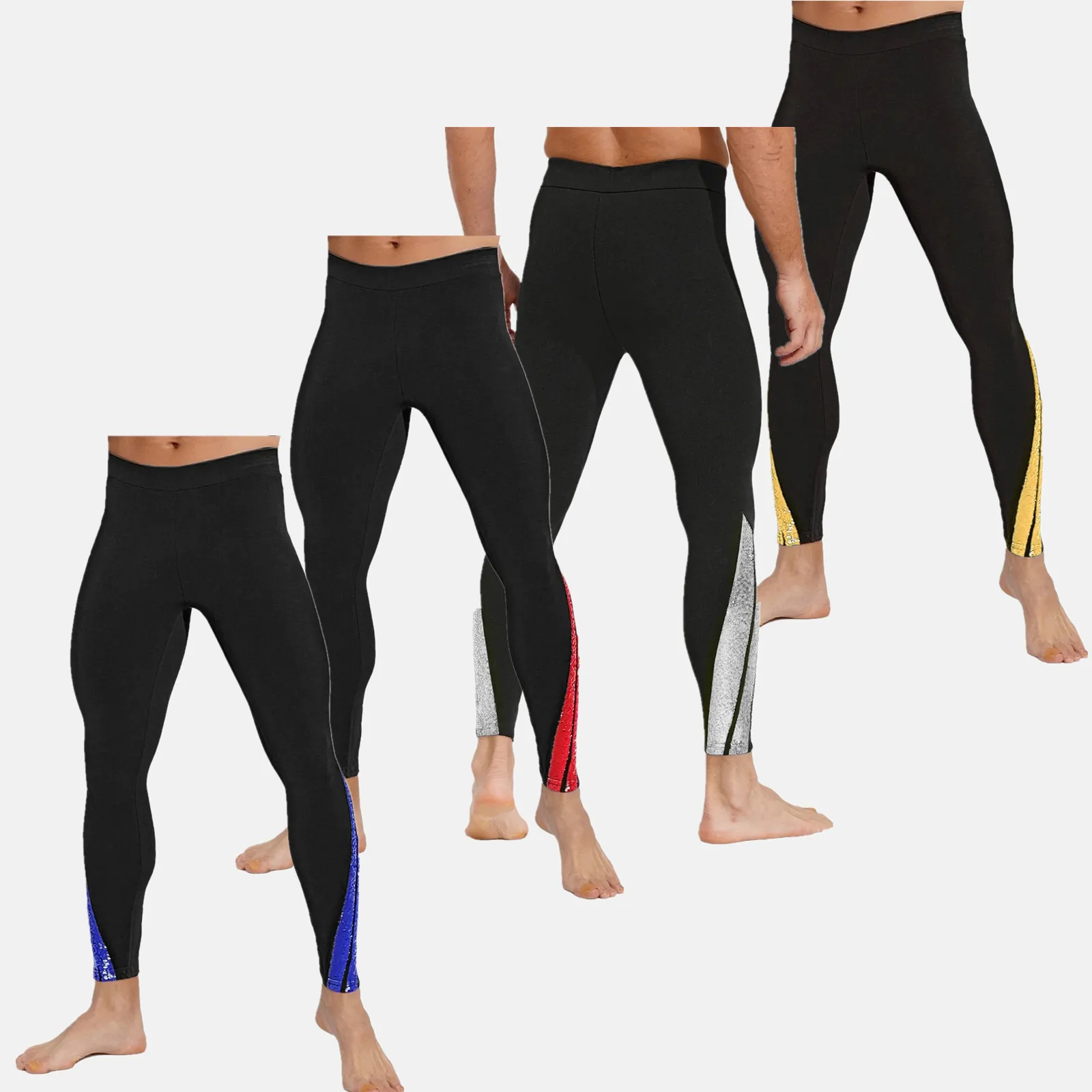 

Mens Ballet Latin Dance Costume Long Pants Shiny Sequins Figure Skating Leggings with Buckled Straps Stirrup Pants Trousers