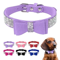 Small Medium Bling Rhinestone Suede Leather Bowknot Accessories Dog Collar Adjustable Pet Puppy Kitten Pug Necklace Collars