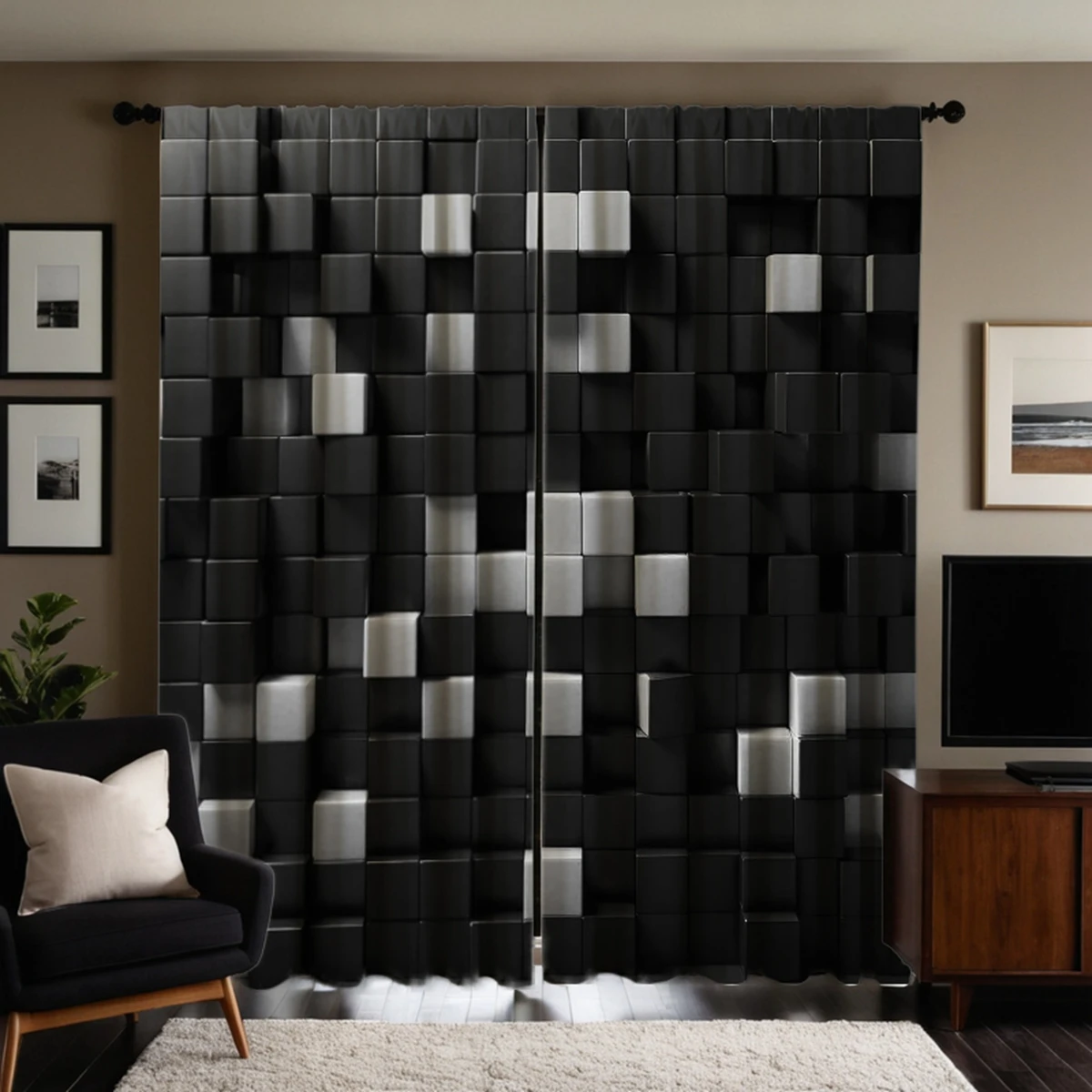 2 pieces of HD digital black and white stereo wood block curtain home decoration style decoration living room bedroom rod curtai