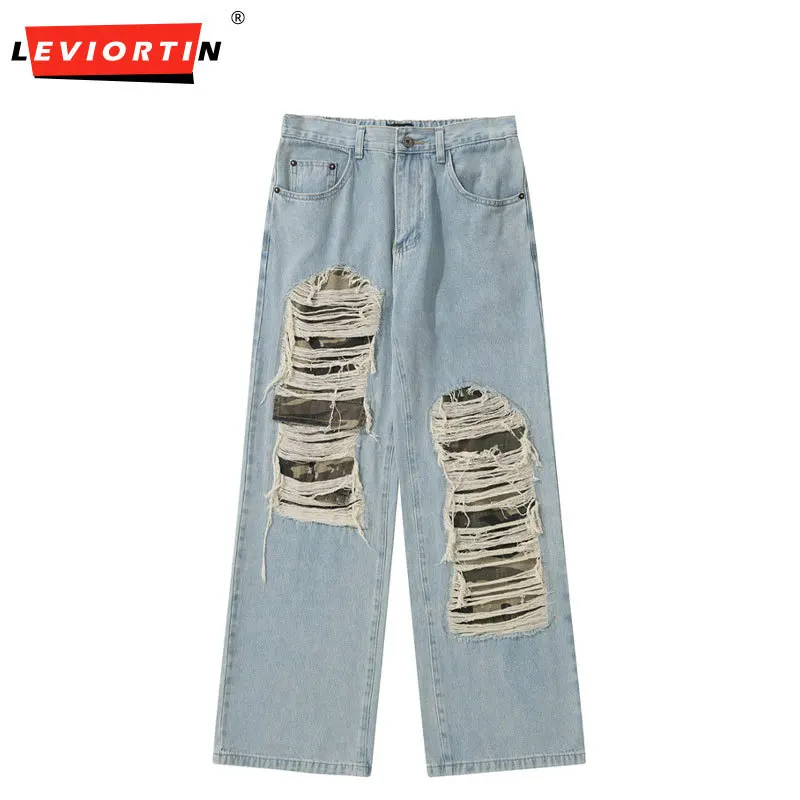 Camouflage Hole Distressed Straight Wide Leg Washed Jeans Unisex Elastic Waist Streetwear  Casual Denim Trousers