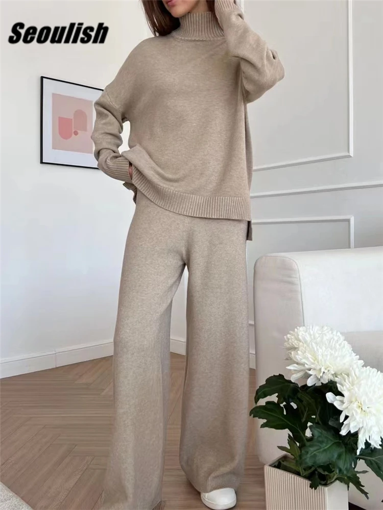 Seoulish Autumn Winter 2 Pieces Oversize Women\'s Sets Knitted Tracksuit Turtleneck Sweater and Wide Leg Jogging Pants Suits 2023