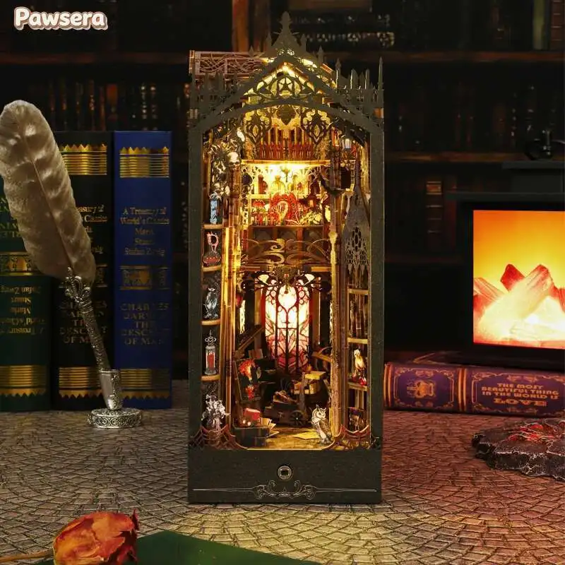 Pawsera Retro DIY Wooden Book Nook Figurines Miniatures Kits William Castle Bookshelf Home Bookend Decoration For Adult Gifts