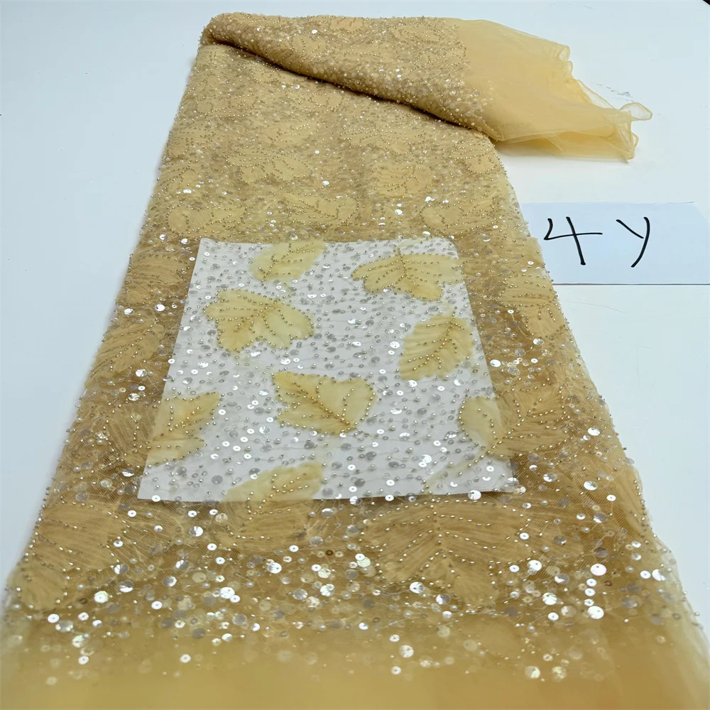 ผ้าลูกไม้ตาข่ายประดับลูกปัดแบบฝรั่งเศส ผ้าลูกไม้ปักเลื่อมคุณภาพสูงสำหรับชุดแต่งงานผู้หญิง 4 หลา