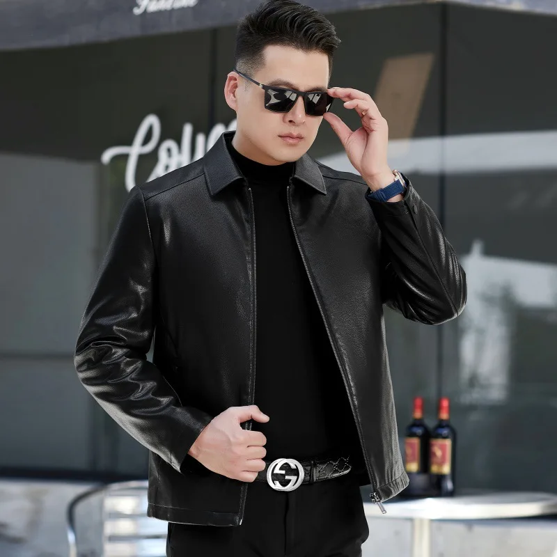 

Men's Winter Genuine Leather Jacket Sheepskin Thickened Short Soft Leather down Jacket with Lapel for Men