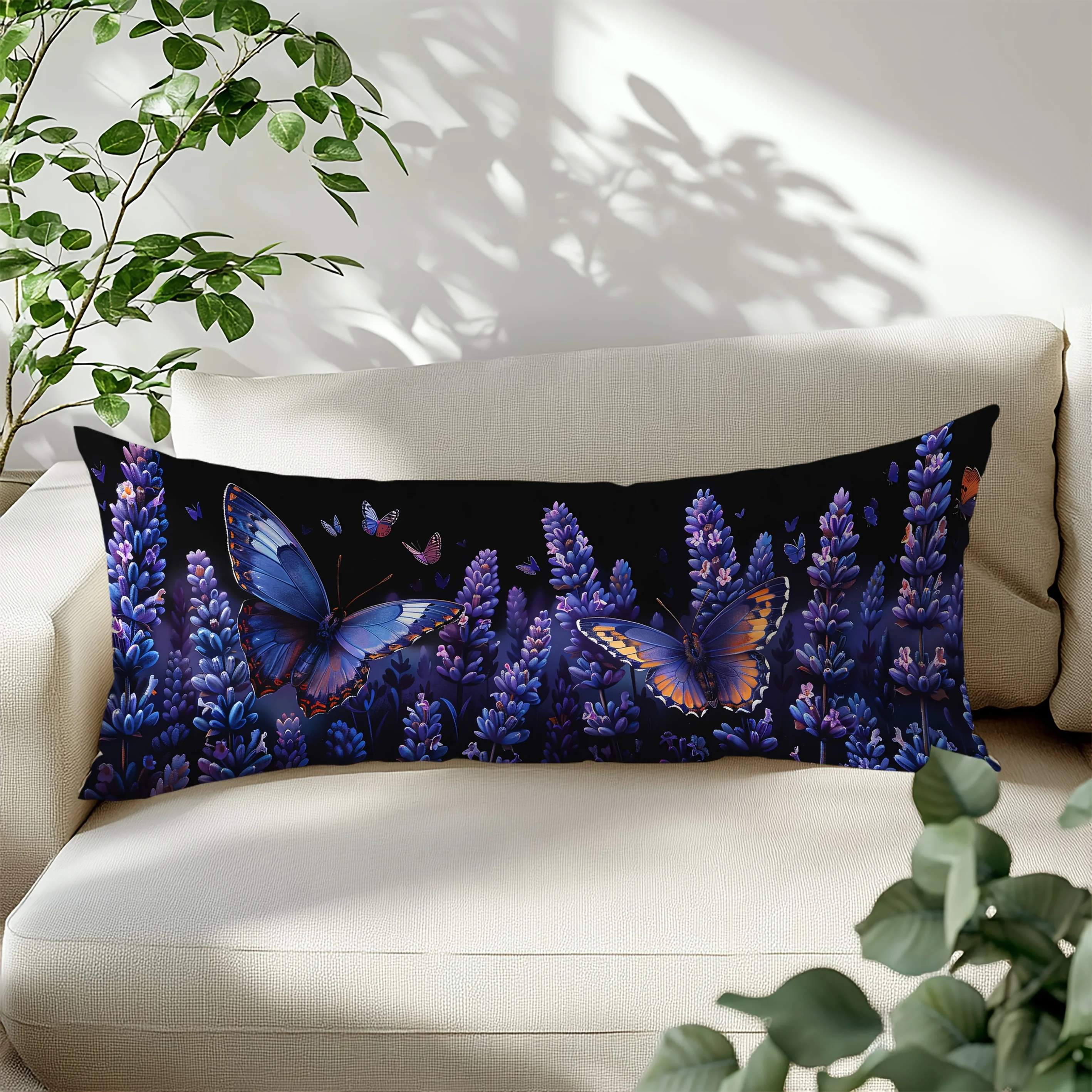 1pc Lavender Butterfly Print 50.8X137.16 cm Long Pillowcase - 100% Polyester Fiber Decorative Throw Pillow Cover, Zipper Closure