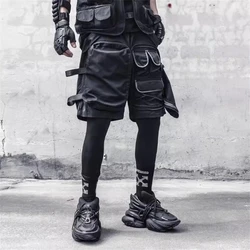 Vintage Cargo Shorts Men Tide Tactical Dark Large Pockets Spliced Knee Length Pants Fashion Loose Elastic Waist Casual Shorts