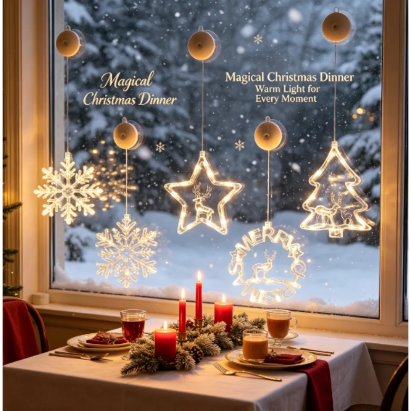 Christmas Battery Operated Suction Cup Light Hanging Snowflake Shape LED Ornament for Window Door Wall Holiday Party Decor