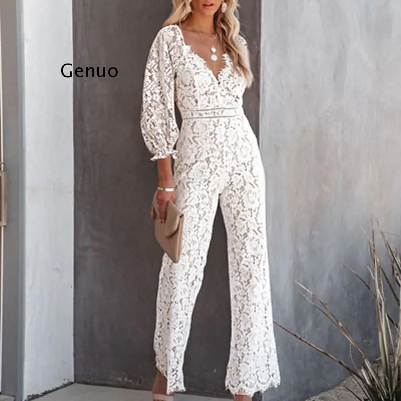 

Sexy Lace Hollow V-Neck Jumpsuit Women 2022 New Fashion Seven Points Sleeve Long Jumpsuit Elegant Temperament Solid Slim Romper