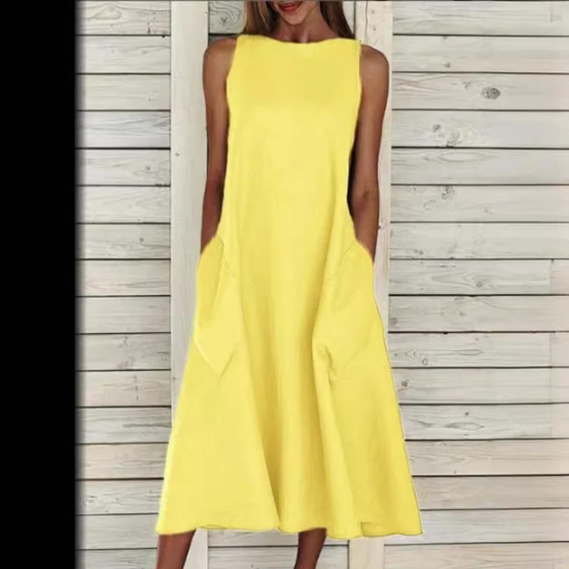 Factory direct sales2022European and American New Amazon AliExpress Popular round Neck Sleeveless Double Pocket Dress