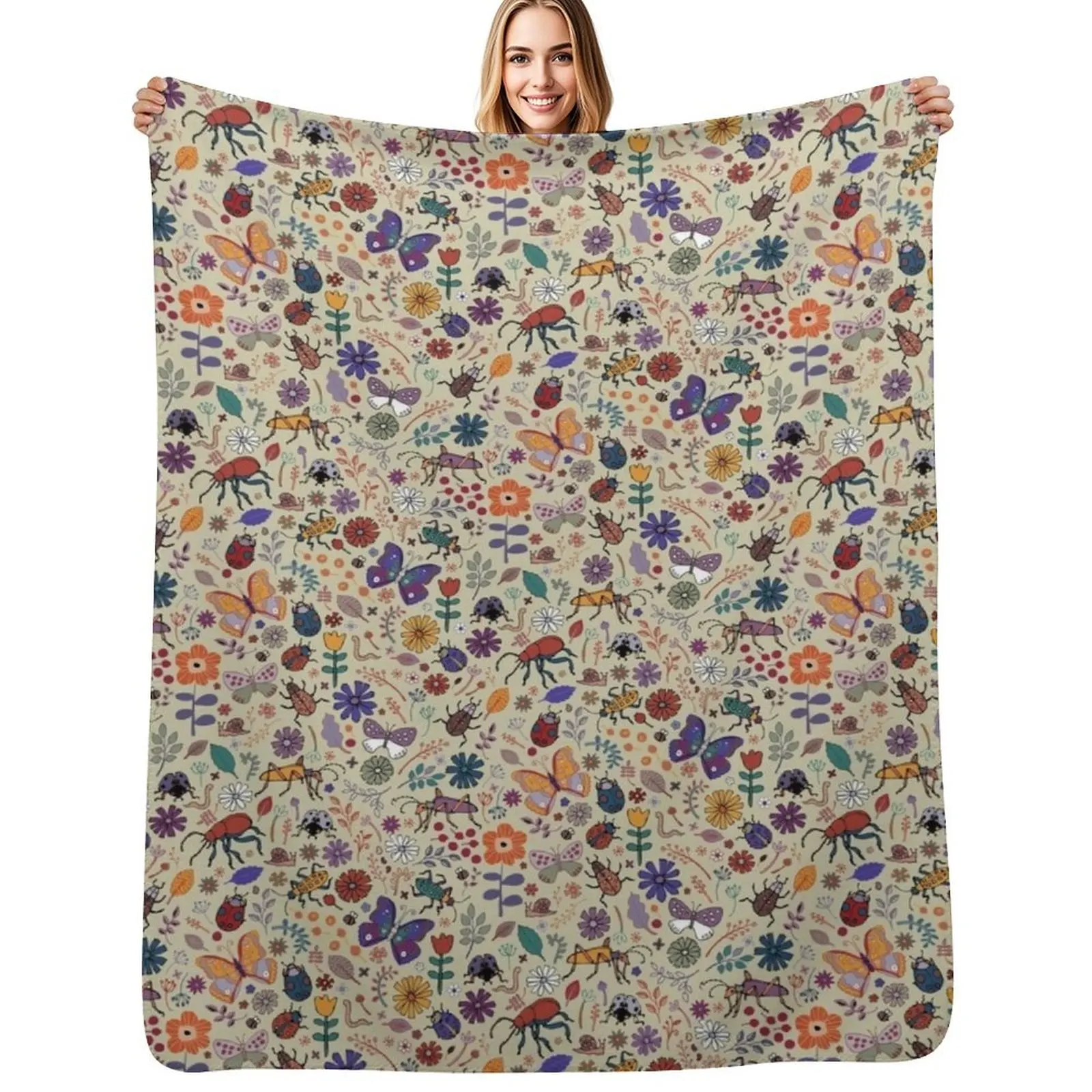Butterflies, Beetles and blooms - taupe - pretty floral pattern by Cecca Designs Throw Blanket Decorative Sofa Vintage Blankets