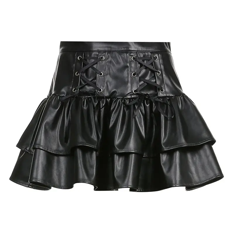 Mini-saia plissada de couro PU gótico feminino, vento escuro, preto, cintura alta, bandagem, estilo preppy, moda, 2021