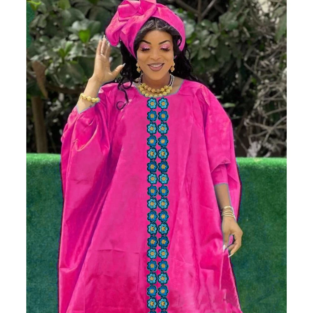 

New Nigerian Red Bazin Dresses Dashiki Brocade Embroiderey Basin Clothing 2024 Orange Mali Women Robe Wedding Party Clothing