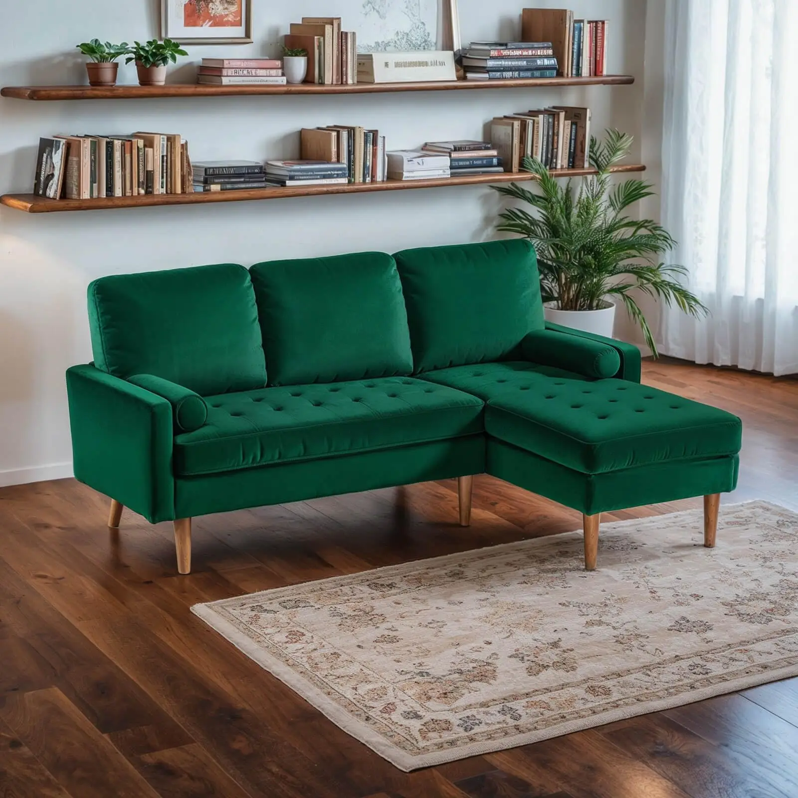 L Shaped Sleeper Sofa Velvet Couch with Reversible Chaise Modern Convertible Sectional Sofa 3 Seater Couch for Home Office green