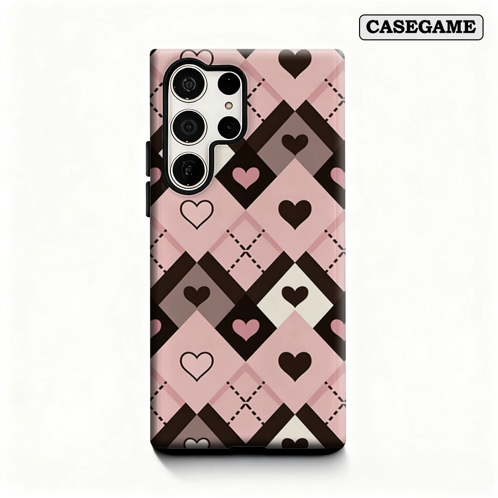 Casegame Phone Case for Samsung Galaxy S26 S25 Ultra S24 S23 Plus Shockproof Double Layer Tough Back Pink Hearts Argyle Cover