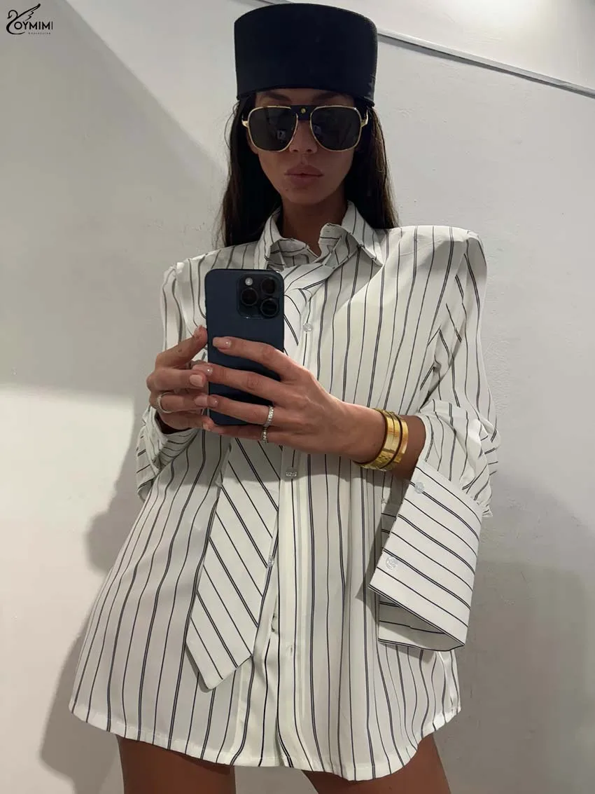 Oymimi Fashion White Print Woman Blouses Elegant Turn-Down Collar Long Sleeve Tie Blosues Autumn Single Breasted Female Blouse