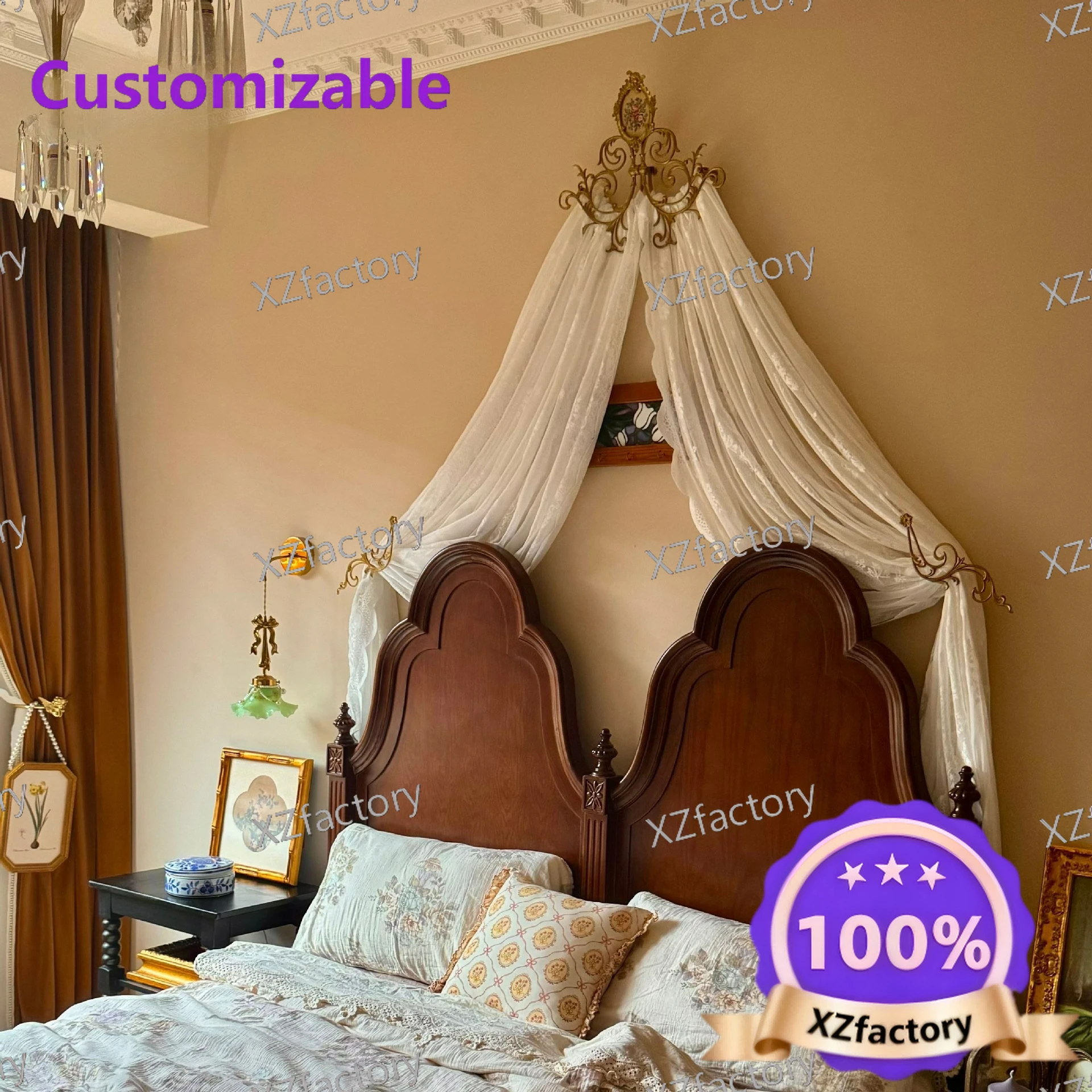 Yellow Bed Canopy Frame Headboard Curtain, French Door Curtain, Lace Princess Korean Style Home Decoration for Bedroom