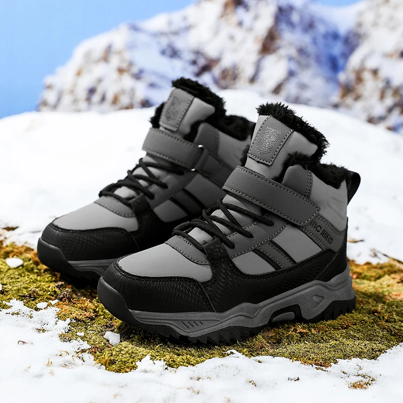 Zapatos de senderismo con raquetas de nieve de color sólido para niños, zapatos de invierno impermeables antideslizantes a la moda unisex para mantener el calor al aire libre, zapatillas de deporte para niños